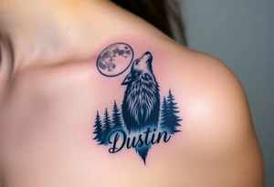 lone wolf howling at full moon with northern lights backdrop with name Dustin in it tattoo idea