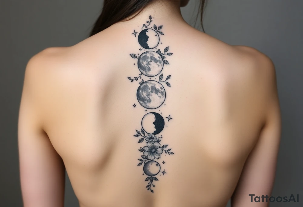 new moon, waxing crescent, first quarter, waxing gibbous, full moon, waning gibbous, last quarter, and waning crescent going down the spine vertically each represent different phases of the moon individually with flowers and vines and stars around it everywhere tattoo idea