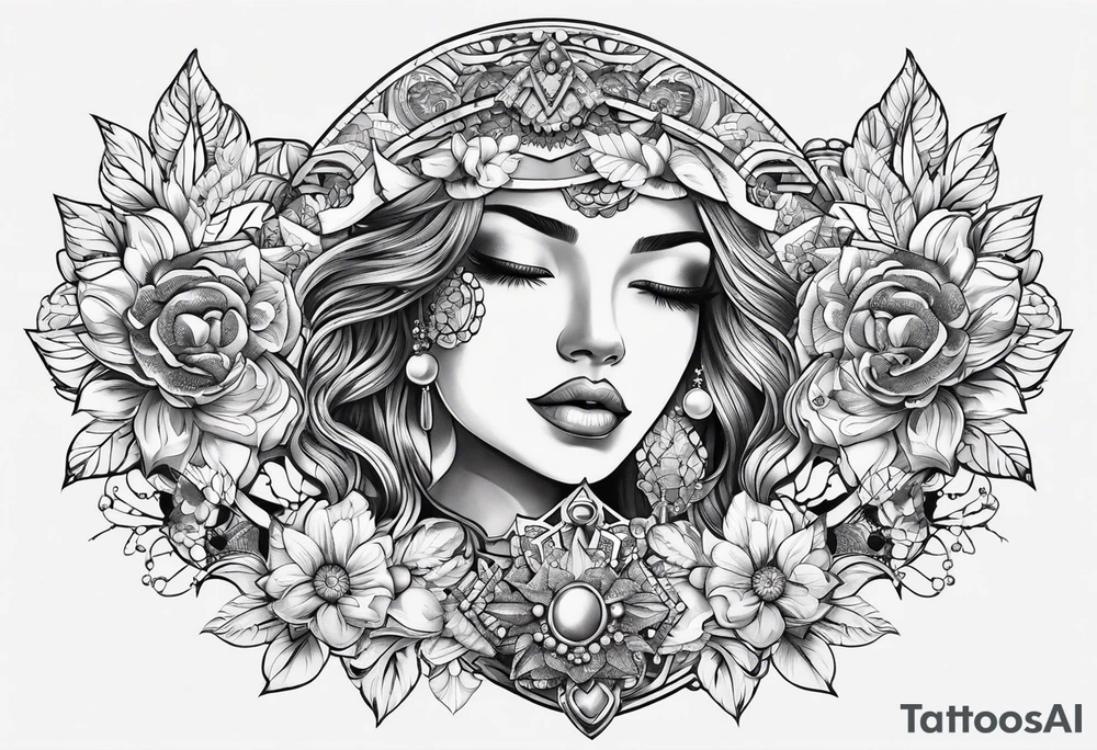 chest piece tattoo with jewelry tattoo idea