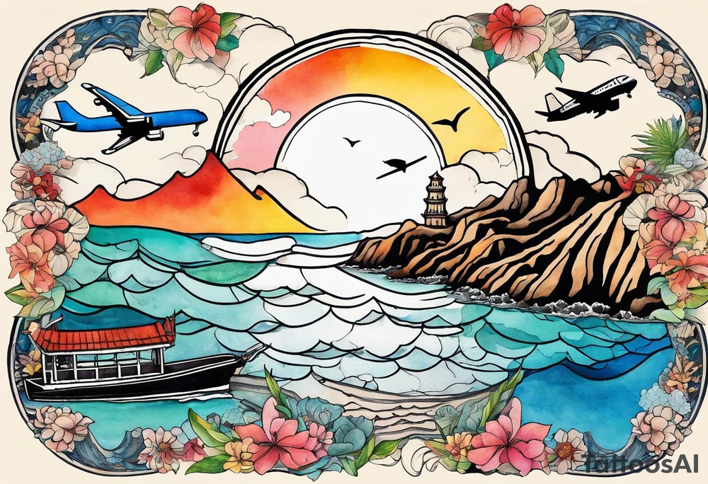 Round Travel collage with Half moon bay cliffs, mountains, Kansas city skyline and 
Arc de Triomphe, Jamaican beach spilled watercolor and tiny jet plane silhouette and a tiny ski boat in the water tattoo idea