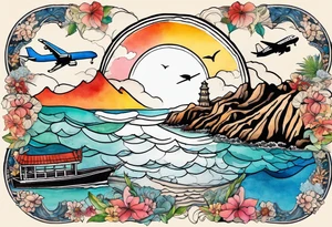 Round Travel collage with Half moon bay cliffs, mountains, Kansas city skyline and 
Arc de Triomphe, Jamaican beach spilled watercolor and tiny jet plane silhouette and a tiny ski boat in the water tattoo idea