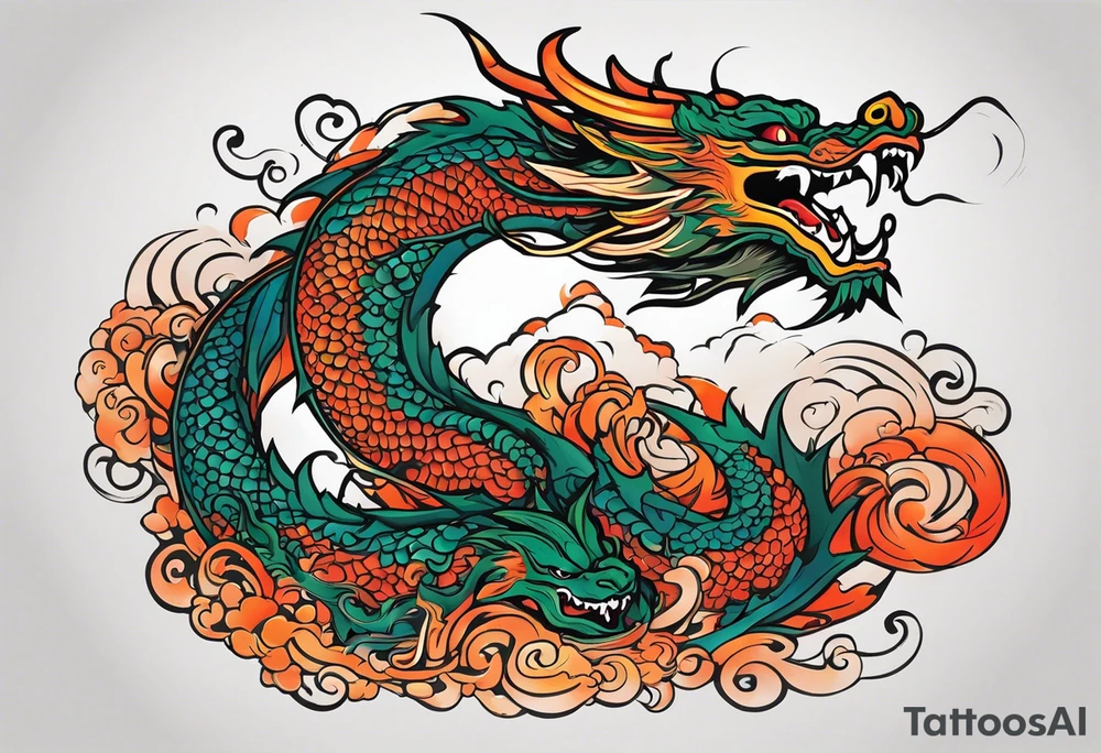 An epic floating asian dragon. Its long body coiling dynamically, with scales and horns detailed to create a sense of movement and strength. The dragon's color is giving a vibrant depth and a mystical aura. This tattoo highlights the dragon’s fierce expression and sharp claws. tattoo idea