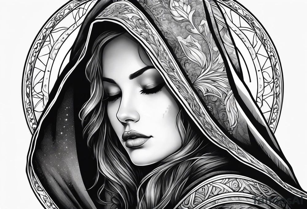Praying Christian woman in cloak side view tattoo idea
