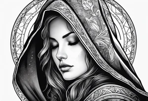 Praying Christian woman in cloak side view tattoo idea