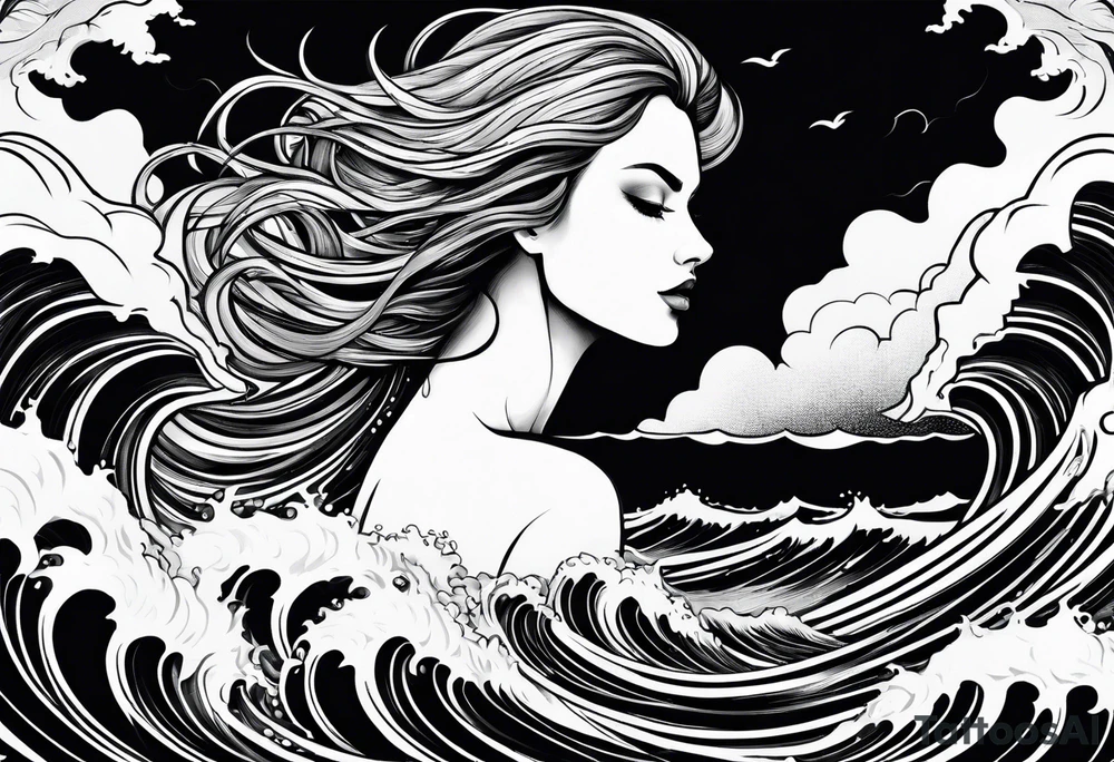 stormy sea waves, full-length woman in the middle of the storm tattoo idea
