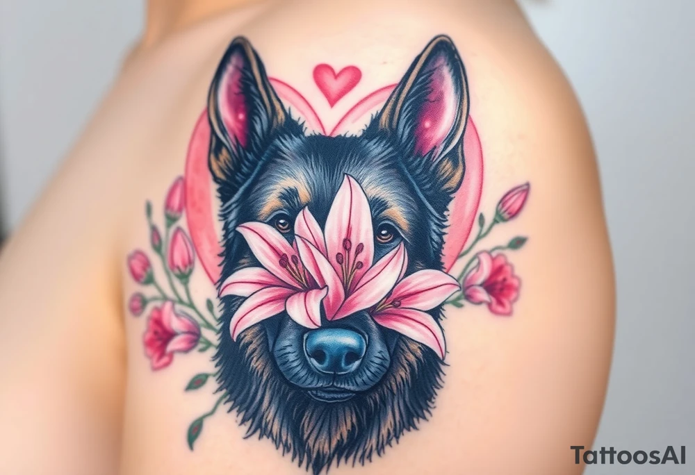 protective german shepherd dog with pink lily flowers in front of sacred heart tattoo idea