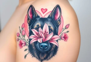 protective german shepherd dog with pink lily flowers in front of sacred heart tattoo idea