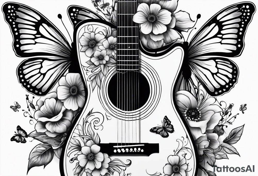 Guitar with flowers growing off the side, butterflies, small tattoo idea