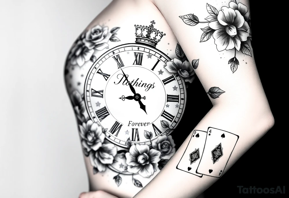 Roman clock with roses and a crown,  a quote that says nothings forever. and on the bottom a deck of cards tattoo idea