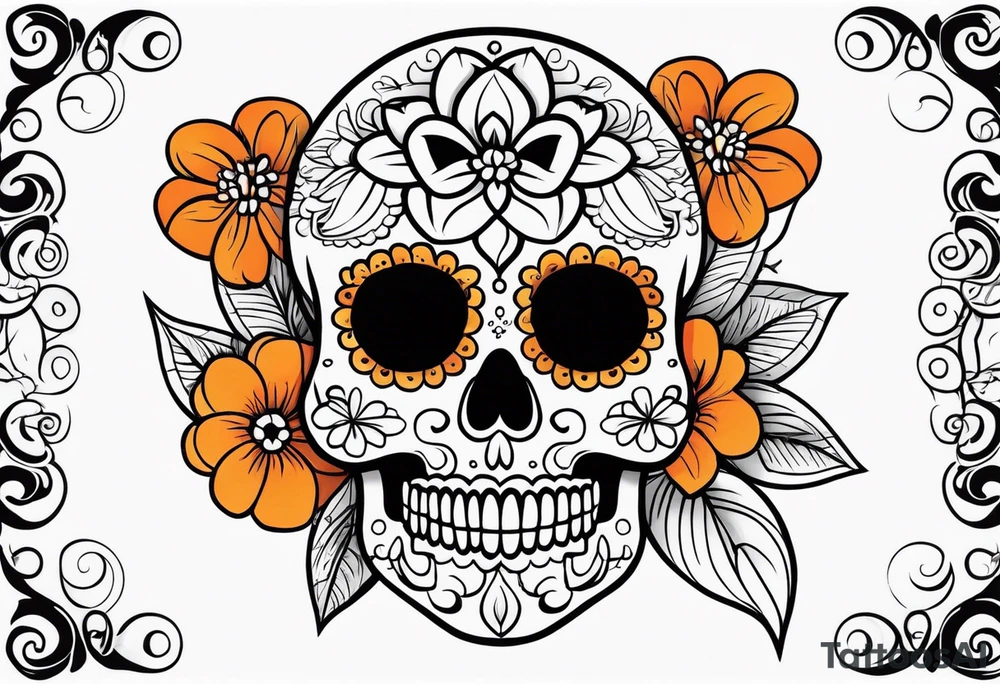 Sugar skull with flowers that is orange and black tattoo idea