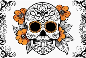 Sugar skull with flowers that is orange and black tattoo idea