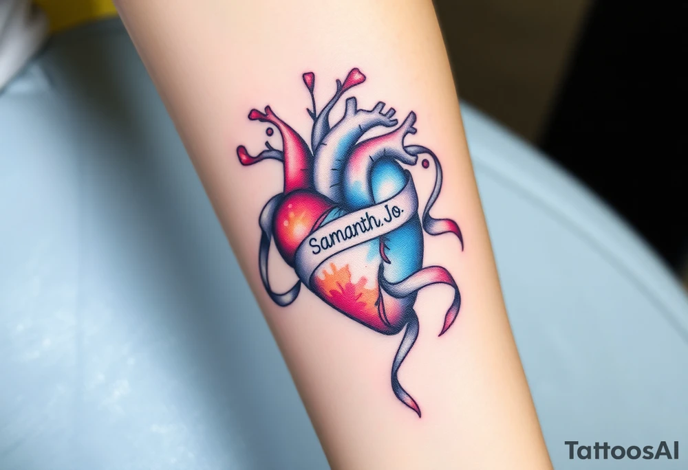 anatomical heart with flowing ribbons with the name Samantha Jo tattoo idea