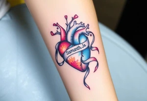 anatomical heart with flowing ribbons with the name Samantha Jo tattoo idea