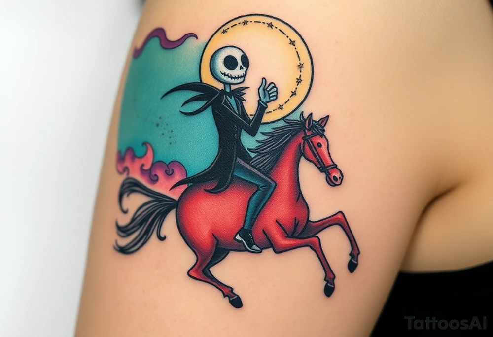 Tim Burton’s sleepy hallow headless horseman is riding in the night he holds a lanturn in hand as his horse bucks upwards and dripping with muted reds, dusty pinks, and eerie green glow.purple and cyan smokey clouds swirl in the crescent moonlit sky thats sprinkled with stars tattoo idea tattoo idea