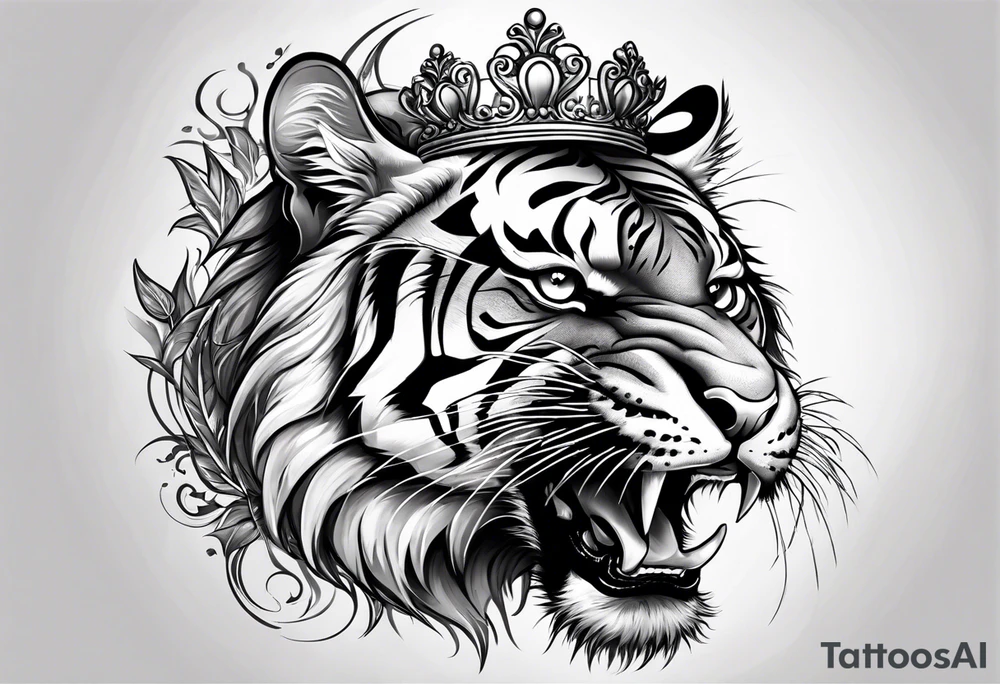 Tiger wearing crown mouth open tattoo idea