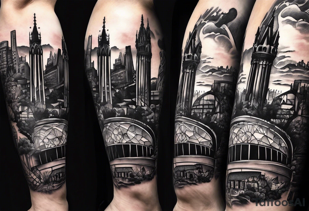 Barcelona skyline leg sleeve with fc Barcelona soccer stadium tattoo idea