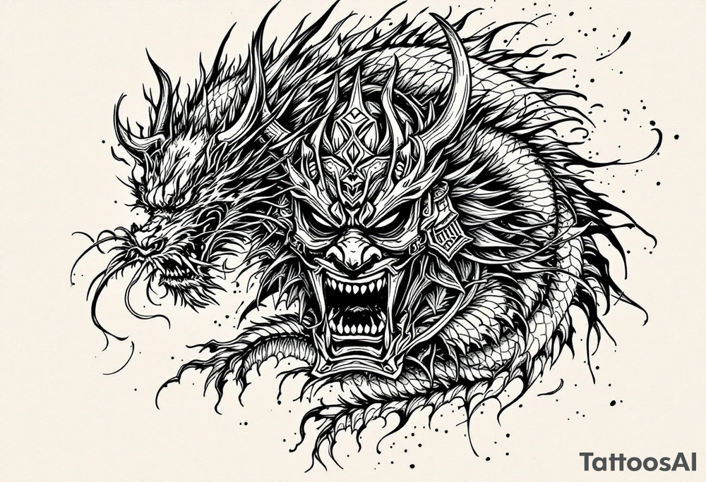 Japanese style warrior mask biting the tail of a dragon and on the other side has a japanese warrior/ samurai tattoo idea