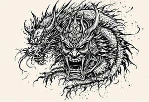 Japanese style warrior mask biting the tail of a dragon and on the other side has a japanese warrior/ samurai tattoo idea