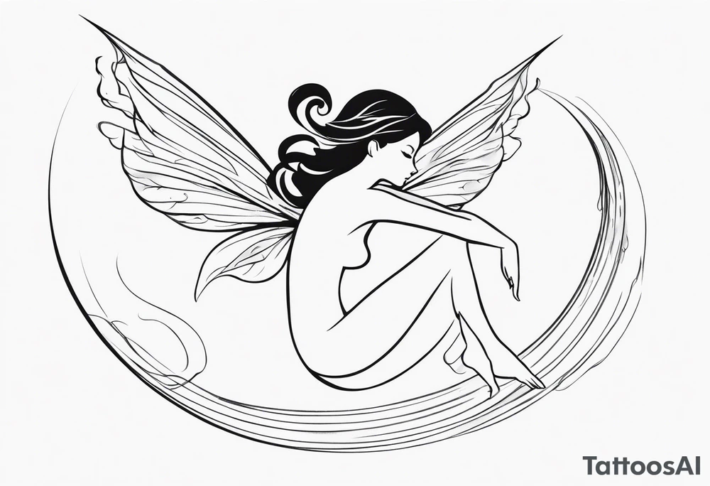 Minimalistic, monochromatic fairy with a tail flying to the left in a fetal position, leaning and looking in the same direction, with visible hands, embodying the 'Fairy Tail' logo aesthetic. tattoo idea