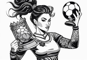 Woman warrior holding a soccer trophy in her hand and sensually wearing a soccer jersey. Holding a weapon in her other hand. tattoo idea