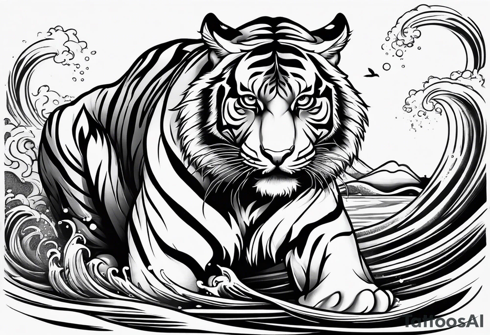 minimalist tiger crouching near water tattoo idea