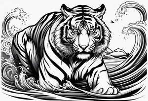 minimalist tiger crouching near water tattoo idea