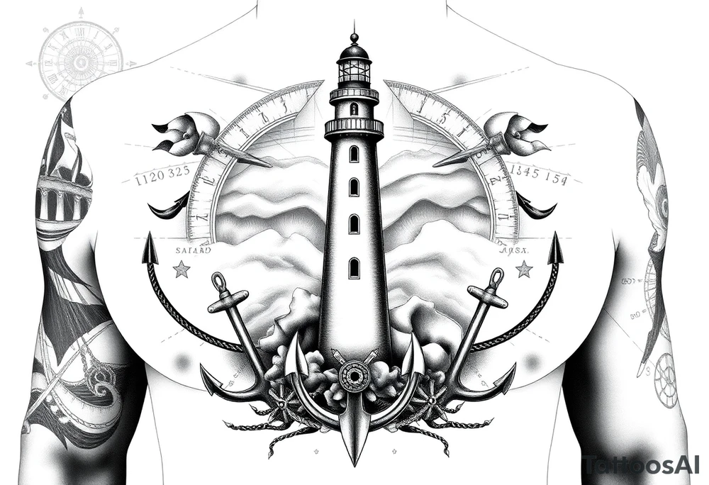 Full Chest / Shoulder Maritime Tattoo Concept

A large black and grey tattoo starting from the chest and flowing naturally toward the shoulder and upper arm.

Main centerpiece:
A lighthouse placed high in the composition, symbolizing guidance, strength, and finding your way through difficult times.

Surrounding elements:

* Anchors integrated around the lighthouse to represent stability, roots, and connection to the sea.
* Ship propellers blended into the design for movement, journey, and life experience.
* An old nautical logbook / map texture in the background to create depth and tell a personal story.
* Latitude and longitude coordinates of meaningful places you want to carry with you.
* Important dates dedicated to your grandfather, hidden subtly inside the composition as engraved details rather than obvious text.

Syros element:
Include a discreet reference to Syros — either:

* the outline of the island,
* details inspired by the harbor,
* or subtle architectural elements connected to the island’s identity.

Style:

* Black & grey realism
* Strong shading and depth
* Detailed but balanced (not overcrowded)
* Designed to flow naturally with the body shape from chest → shoulder → arm tattoo idea