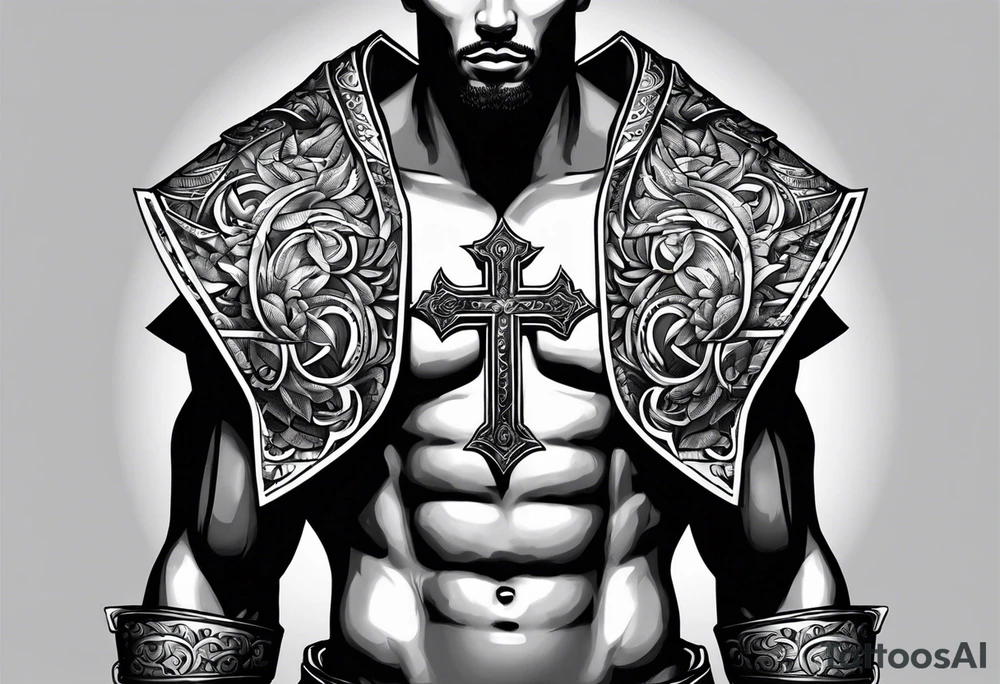 body armor piece with a cross in the center and a sun on the side tattoo idea