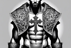body armor piece with a cross in the center and a sun on the side tattoo idea