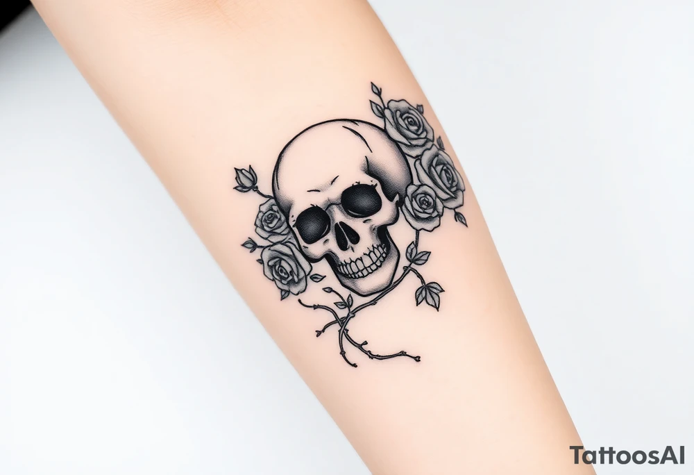 gothic skull intertwined with climbing roses and thorny vines tattoo idea