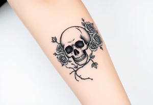 gothic skull intertwined with climbing roses and thorny vines tattoo idea