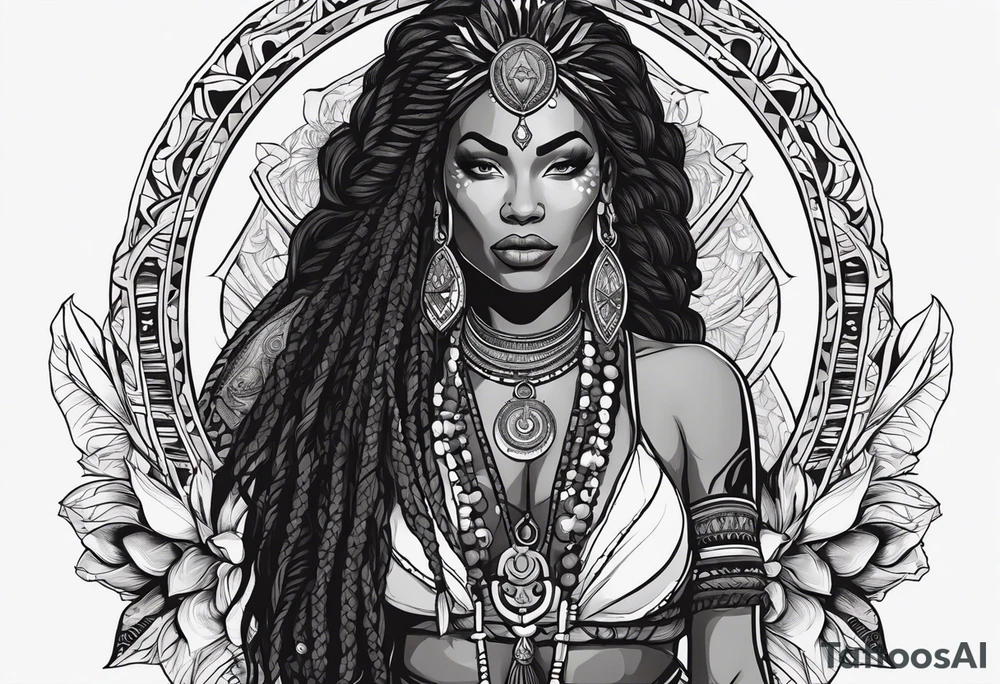 kali, valkrye, pirate, african goddess, , warrior, native american, lotus, zenza resonance, skulls, dragon, pachamama, left side face, chest, right wing, tattoo idea