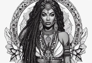 kali, valkrye, pirate, african goddess, , warrior, native american, lotus, zenza resonance, skulls, dragon, pachamama, left side face, chest, right wing, tattoo idea