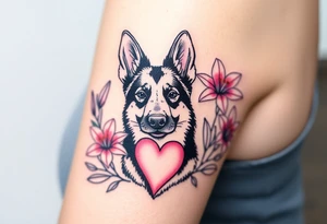 strong looking short haired german shepherd with alert ears surrounded by pink lilies with large leaves in front of a sacred heart tattoo idea