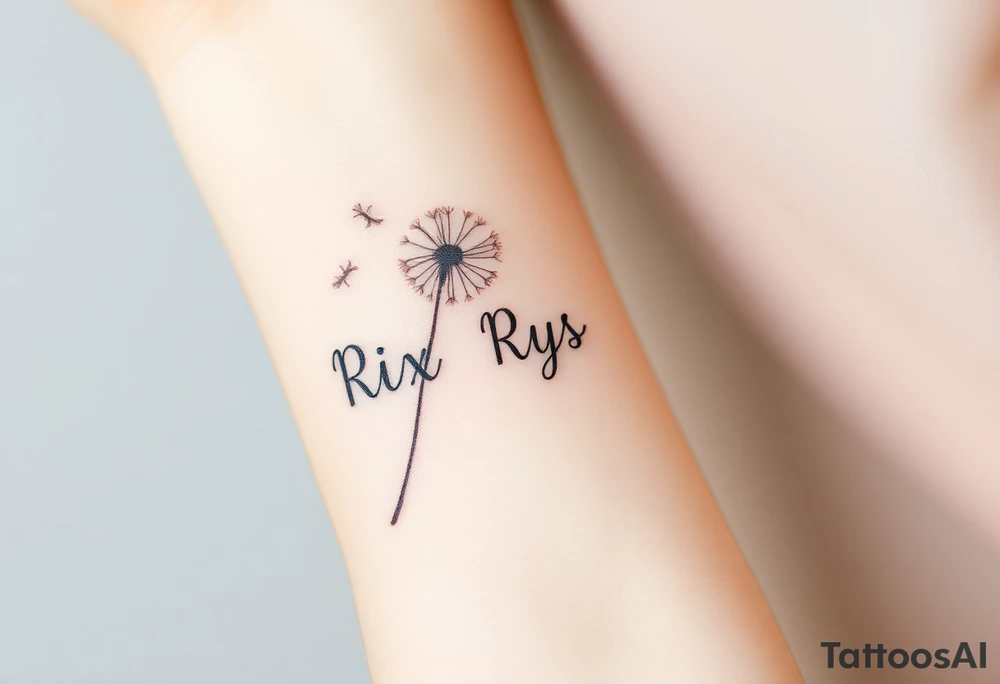 Rix Rys Ari realistic watercolor This image features a delicate dandelion tattoo on a person’s skin, with fine lines and soft shading. The dandelion’s stem extends from the bottom left corner, leading to the detailed flower head, which appears to be dispersing its seeds. The seeds are shown floating away in a natural, wind-swept motion, symbolizing freedom, change, and new beginnings.

The tattoo has a subtle watercolor effect with a gentle pinkish hue around the base of the dandelion, adding depth and softness to the design. The fine-line work gives it a refined and elegant look. The placement on the body makes it a visually appealing and meaningful piece. tattoo idea