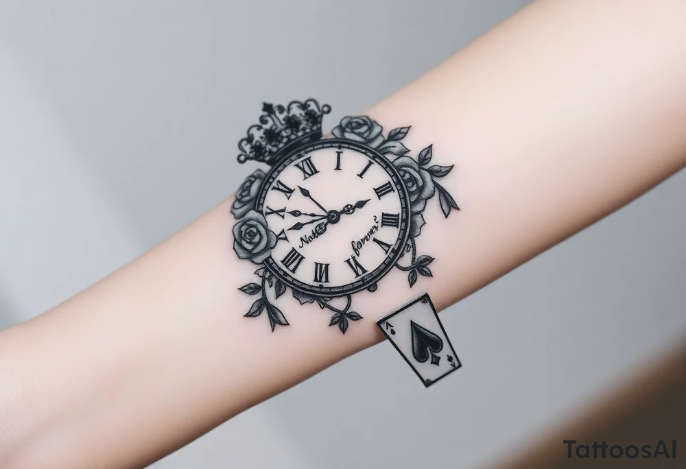 Roman clock with roses and a crown,  a quote that says nothings forever. and on the bottom a deck of cards tattoo idea