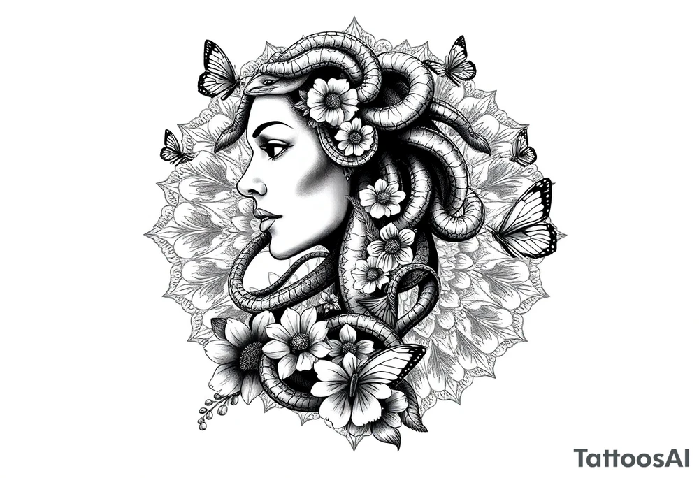 Side portrait of Medusa with snake heads, flowers, butterflies and mandala background tattoo idea