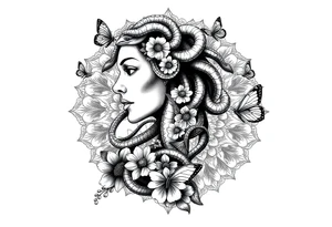 Side portrait of Medusa with snake heads, flowers, butterflies and mandala background tattoo idea