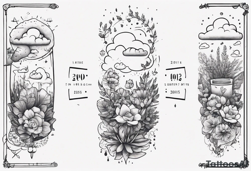 a forearm tattoo with a cloud with little plants and underneath it the date 12.08.05 tattoo idea