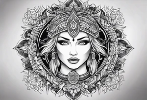 Viking, feminine warrior, mandala, bedroom eyes, headshot, closeup, full design tattoo idea