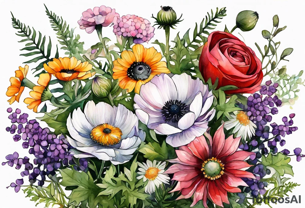 wildflowers with thistles, ferns, ranuculus, white anemones with black center, sun flowers, red flowers, pink flowers, purple flowers, buttercups, babys breath, daisies, and greenery all in watercolor tattoo idea