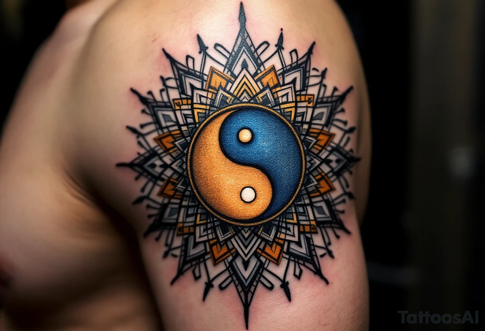 An intricate mandala with a yin-yang center, radiating golden and deep blue hues, symbolizing balance and harmony. tattoo idea