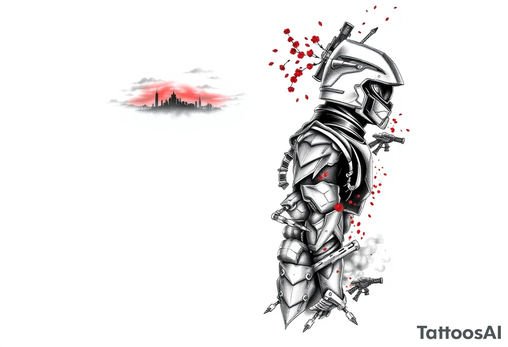 Full arm sleeve tattoo design, black and grey sketch incorporating the following:
Halo Reach: skyline in storm clouds with ember-red glow, emille silhouette in distance.
Ghost of Tsushima: Jin Sakai face and mask, katana behind, with flowing blood-red cherry blossoms drifting across.
Helldivers 2: silhouettes of Helldivers dropping from pods through smoke and sparks (orange sparks glowing), wrapping around the elbow area.
DOOM Eternal: hyper-realistic Doom Slayer silhouette with super shotgun over shoulder, fire and flames around



Inner left arm: Firewatch tower in silhouette on ridges, orange and purple dusk glow blending into smoke. tattoo idea