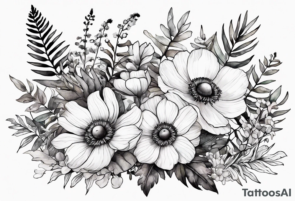 wild flowers with ferns and white anemone all watercolor tattoo idea