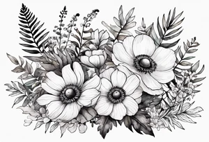 wild flowers with ferns and white anemone all watercolor tattoo idea