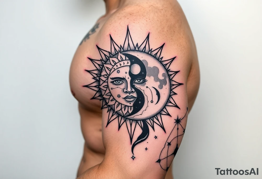 celestial sun and moon embrace with constellation patterns tattoo idea