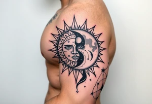celestial sun and moon embrace with constellation patterns tattoo idea
