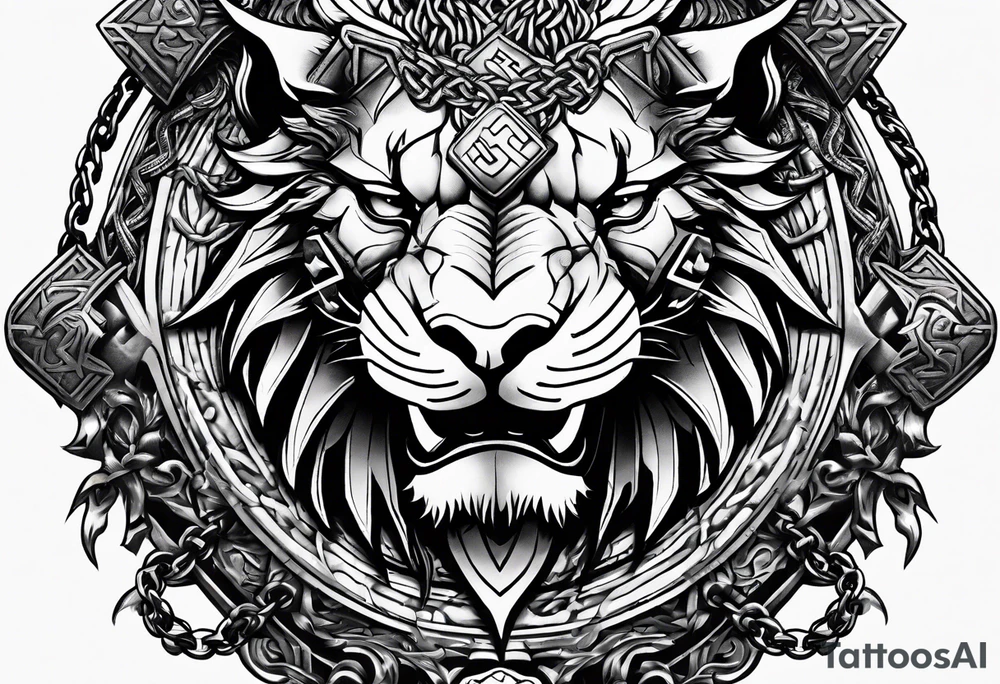 Valhalla sword shield dragon axe Valknut barbed wire chains lion tattoo idea Valhalla sword shield dragon axe Valknut barbed wire chains lion tattoo idea