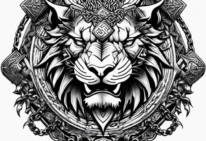 Valhalla sword shield dragon axe Valknut barbed wire chains lion tattoo idea