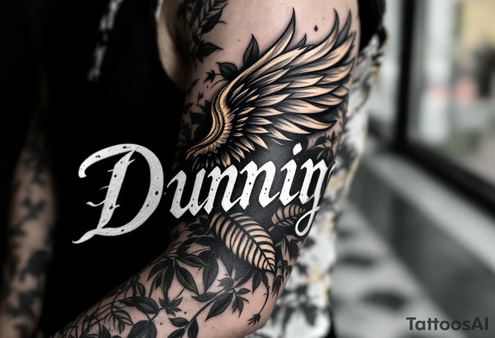 Dunning, Details include name in white color,angel wing, rain drop jungles leaves,cool font, gold highlights tattoo idea